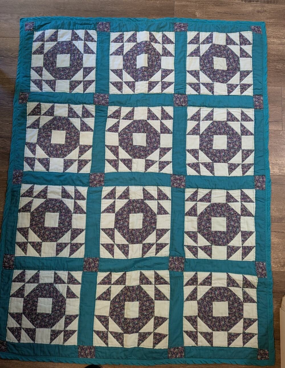 Vintage Handmade Churn Dash Patchwork Quilt Teal Purple Calico Cottagecore Lap